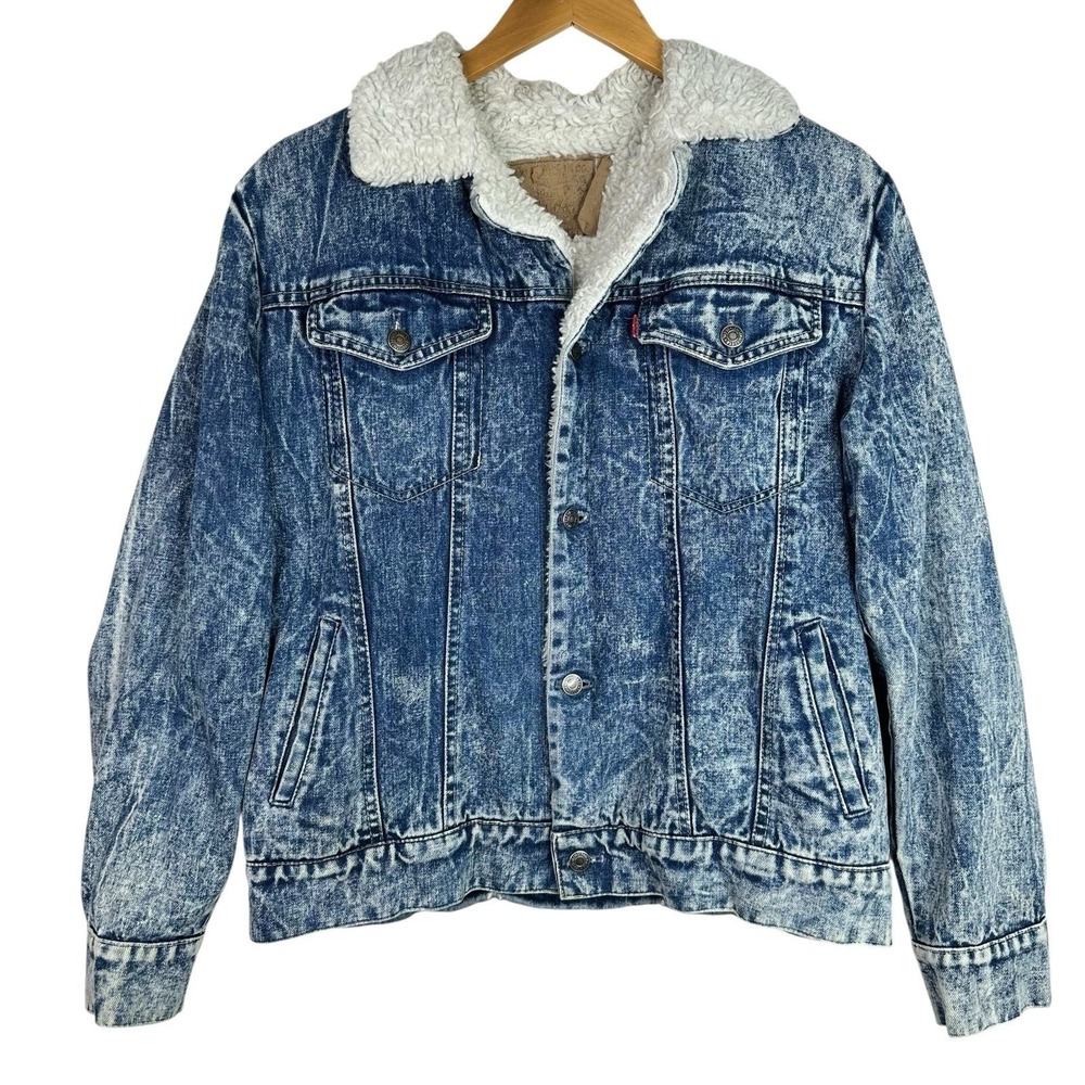Vintage 80s Levi's Sherpa Denim Jacket Mens L Acid Wash Blue Trucker USA